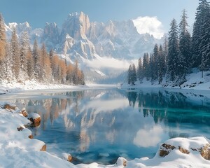Serene winter mountain landscape with a frozen lake