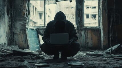 computer hacker of terrorist stealing information with laptop in abandoned building. Low key photo. illustration , no logos, no brands