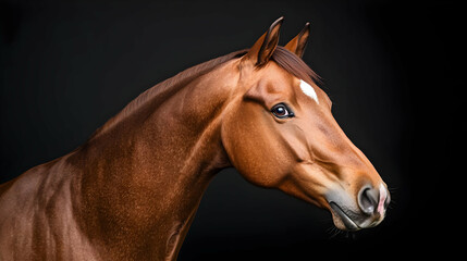 Obraz premium Close Up Profile View Of A Light Brown Horse Against Black Background
