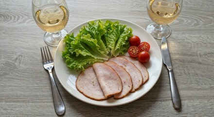 Fresh salad with ham slices and cherry tomatoes with white wine  