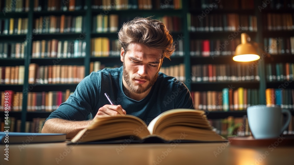 Poster man is sitting at a desk with a book open in front of him. he is writing in the book with a pen. the