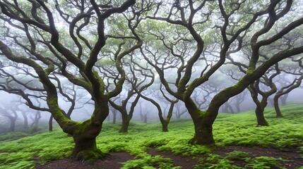 Obraz premium Mystical Foggy Forest Moss Covered Trees and Lush Green Ferns A Serene Nature Scene