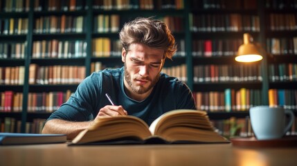 Man is sitting at a desk with a book open in front of him. He is writing in the book with a pen. The scene suggests that the man is studying or working on a project
