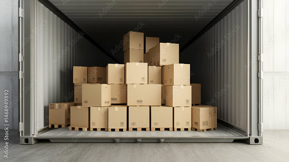 Poster cardboard boxes stacked inside a shipping container
