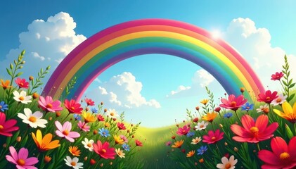 Naklejka premium Vibrant rainbow arch over blooming wildflowers, natural beauty, outdoor scene, soft light