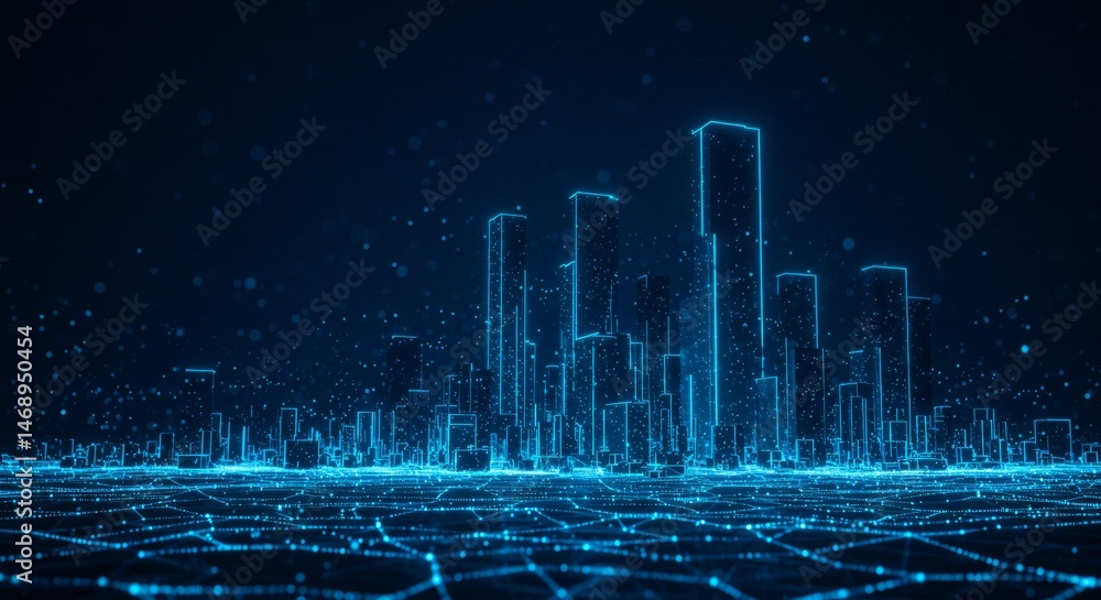 Poster abstract futuristic cityscape illuminated with digital network connection