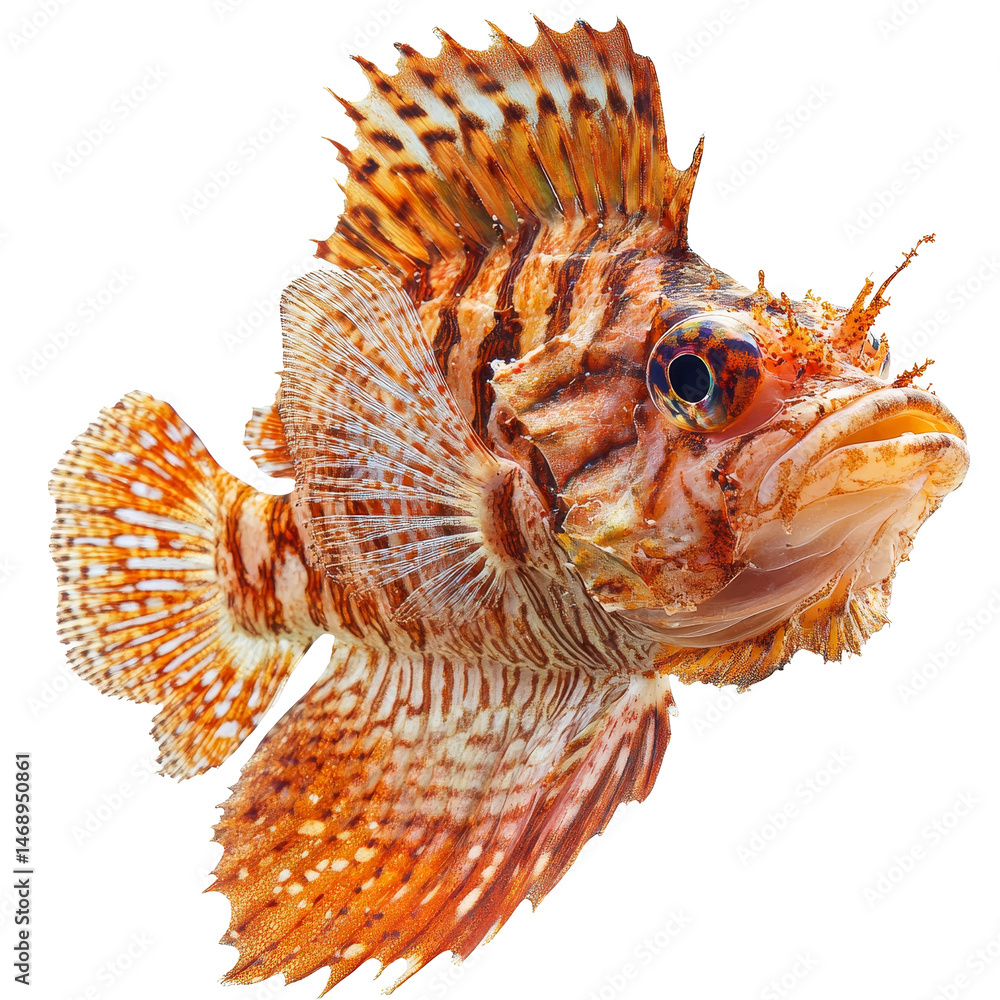 Poster a vibrant scorpionfish showcasing its unique features and colors on a transparent background, a scor