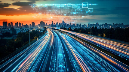Fototapeta premium City Highway at Night with Digital Data Overlay