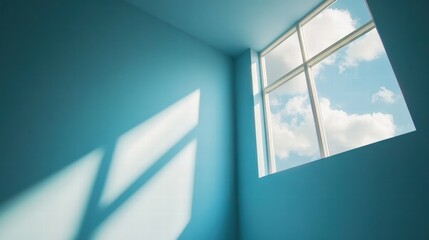 Bright Blue Room with Large Window and Soft Cloudy Sky
