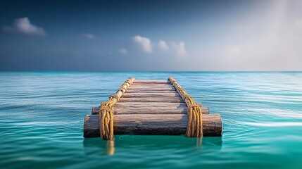 Fototapeta premium Wooden pier is in the water with a rope tied to it. The water is calm and the sky is blue