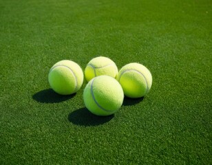 Four bright yellow tennis balls on vibrant green grass, perfect for sports enthusiasts.