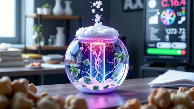 A glowing glass bowl with swirling clouds, roots, and plants sits on a table in an office with scientific equipment in the background.