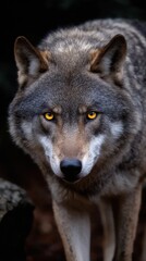 Obraz premium Intense Portrait of a Gray Wolf with Golden Eyes Staring Directly Forward in Dark Setting