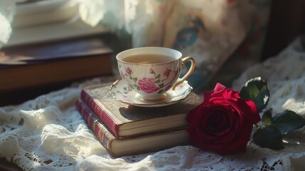 A cozy afternoon with tea, books, and a red rose on a lace tablecloth by the window.