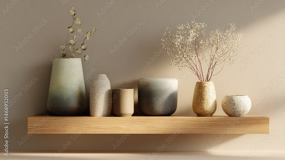 Poster minimalist floating shelf with decorative objects and vases