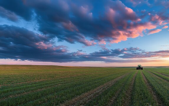 An aerial view captures a tractor spraying a vast field of plants