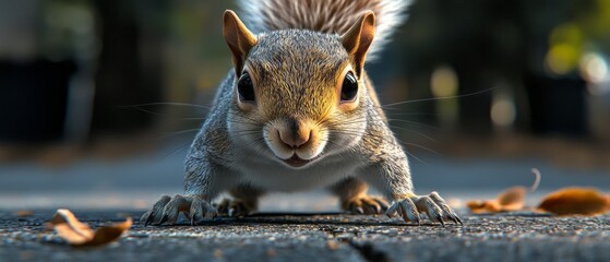 Close-up view of a gray squirrel on a stone surface.