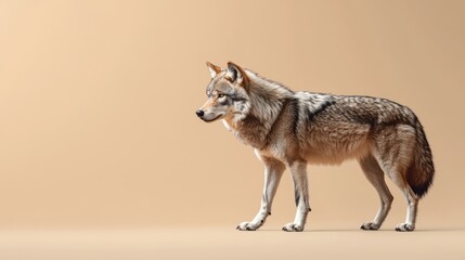 Side view of a wolf against a neutral backdrop.