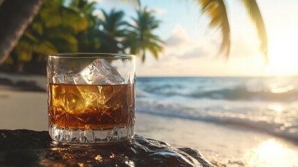 Relaxing with a glass of whiskey by the beach at sunset. Enjoy the calm waves and palm trees all around.
