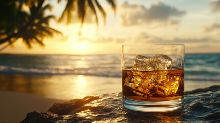 Enjoy a refreshing drink by the beach during sunset with palm trees, giving a perfect tropical vibe.