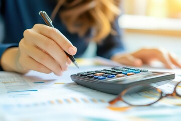 A person is actively using a calculator and also writing on a piece of paper