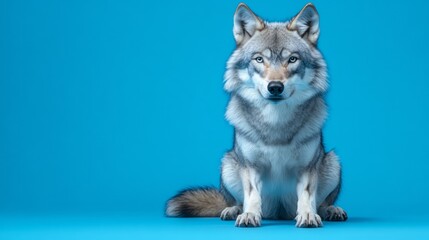 Gray wolf sits against a vivid blue backdrop.