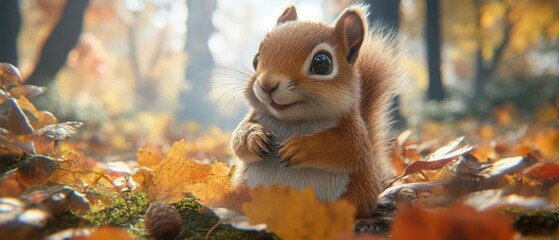 Adorable forest squirrel amidst autumnal leaves