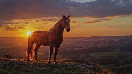 Majestic Horse Silhouetted Against a Vibrant Sunset Over Rolling Hills