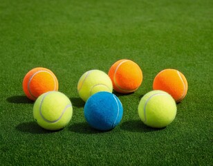 Obraz premium Vibrant selection of tennis balls on green turf, showcasing lively colors and playful energy.