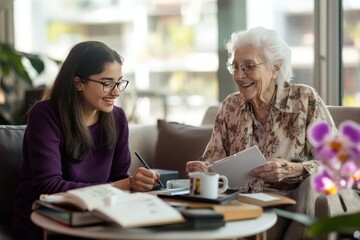A young woman reads a book to an older woman, who listens attentively