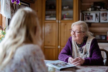 A young woman reads a book to an older woman, who listens attentively