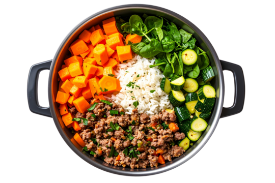 Three Top view of a pot with food. In the bottom left corner of the pan, there are gr meat and , including carrots, rice, spinach leaves, and zucchini peels. This is a transparent background