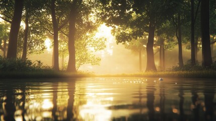Sunlight Filters Through Trees, Reflecting on Calm Water in a Tranquil Forest Scene, Perfect for Nature Lovers