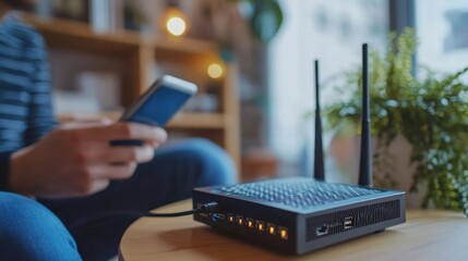 Wireless Router and Person Holding Phone in Living Room