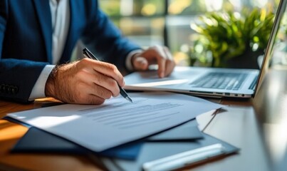 Obraz premium A man is seated at a table where he is meticulously writing on a piece of paper