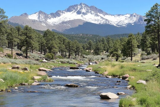 Mountain river scenery. Lush valley with a clear stream flowing through it, and a snow-capped mountain range in the background