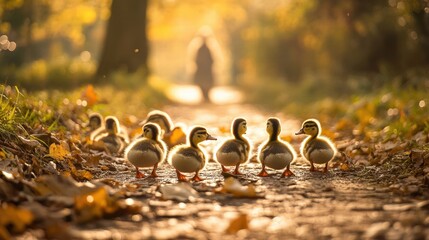 Charming Day in Autumn: Ducklings Walk Along a Leafy Path, Sunlight Glows Behind Them