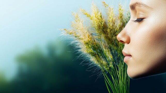 Woman is shown with a flower in her mouth. The flower is green and the woman's face is illuminated by the sun. Concept of peace and tranquility