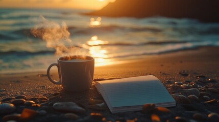 A tranquil beach scene with a steaming cup of coffee and an open notebook during sunset. Perfect for relaxation and reflection.