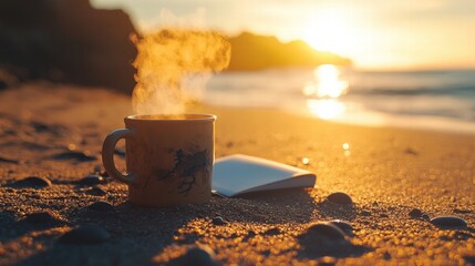 A steaming cup of coffee on the beach at sunrise with soft waves and warm sunlight creating a peaceful morning vibe.