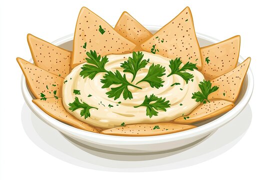hummus with pita chips, parsley, white bowl clip art preview