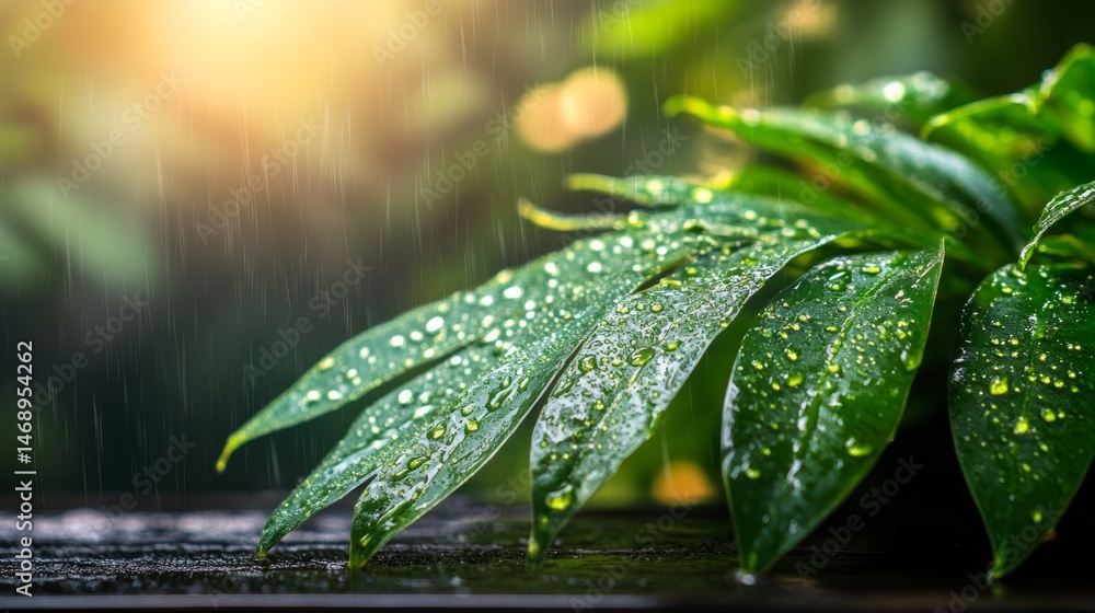 Poster leaf is covered in raindrops, creating a serene and peaceful atmosphere. the raindrops on the leaf r
