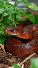 Fototapeta premium Adult brown snake coiled among lush green plants in a natural habitat setting with textured scales animal wildlife reptile herpetology