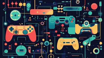 Obraz premium Colorful Seamless Pattern of Retro and Modern Game Controllers Celebrating National Video Game Day, Fun Gaming Background for Entertainment and Digital Culture Themes