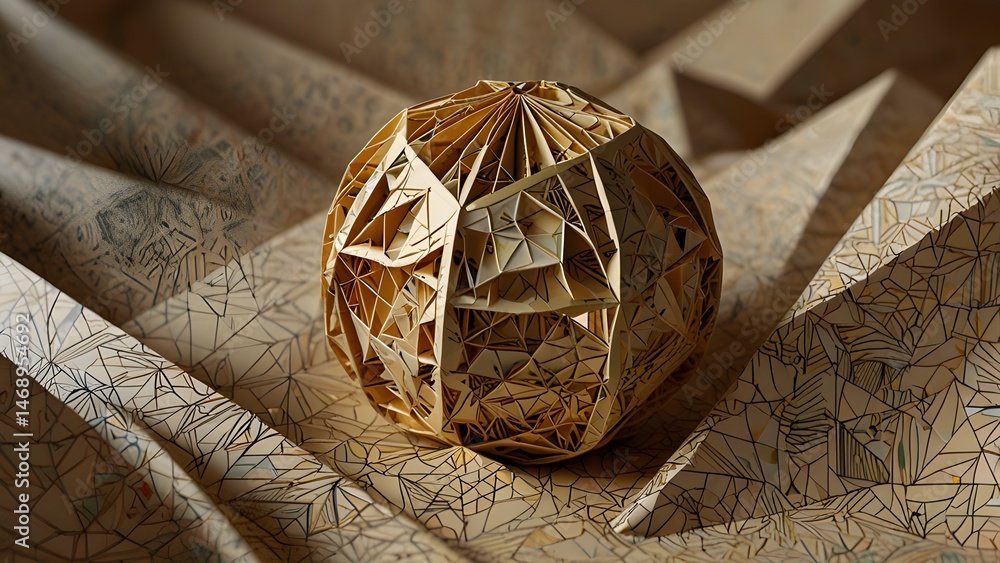 Poster a geometrical paper sphere sits nestled on a complex patterned surface in warm soft light