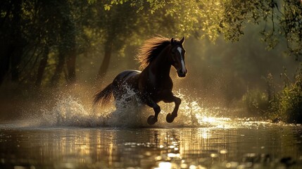 A magnificent brown horse gallops through a sunlit stream, creating splashes in the tranquil water surrounded by lush trees.