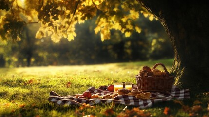 Cozy picnic under a tree, basking in the golden sunlight of a serene autumn day with a blanket and a basket full of delights.