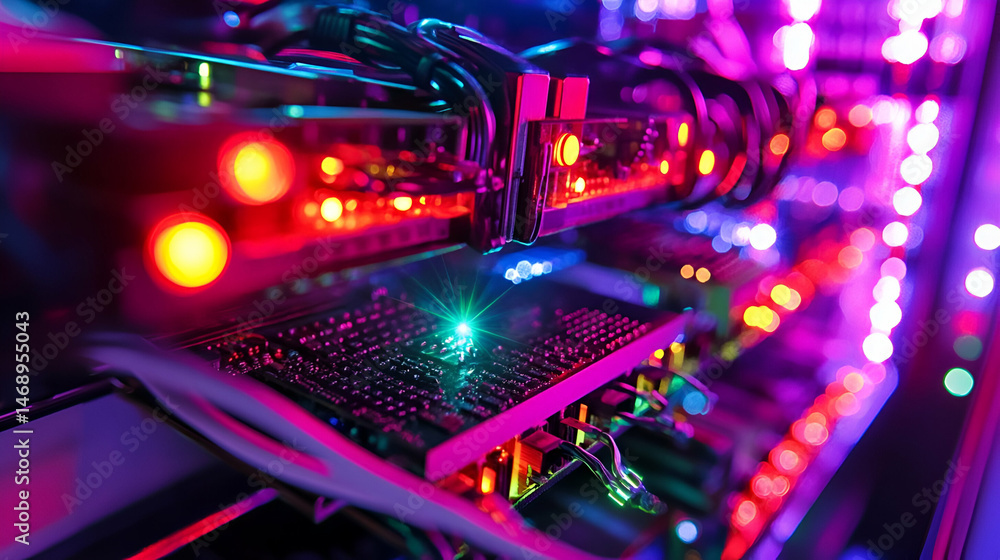 Poster close-up of illuminated server hardware with colorful lights