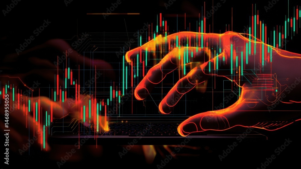 Aufkleber algorithmic trading concept with virtual screen with growing stock market candlestick and circuit at