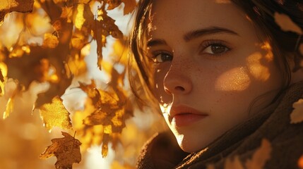 A Young Woman Surrounded by Autumn Leaves and Warm Light
